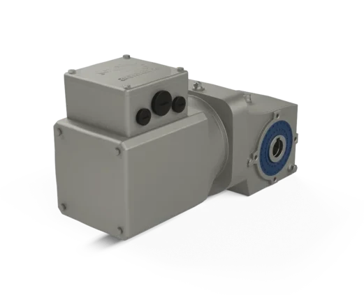 Vista lateral del motorreductor de engranaje cónico NORDBLOC.1 NORD con opciones de eje sólido y hueco