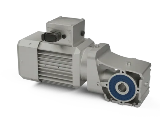 Detalle del motorreductor cónico NORDBLOC.1 NORD con protección IP69K para entornos exigentes